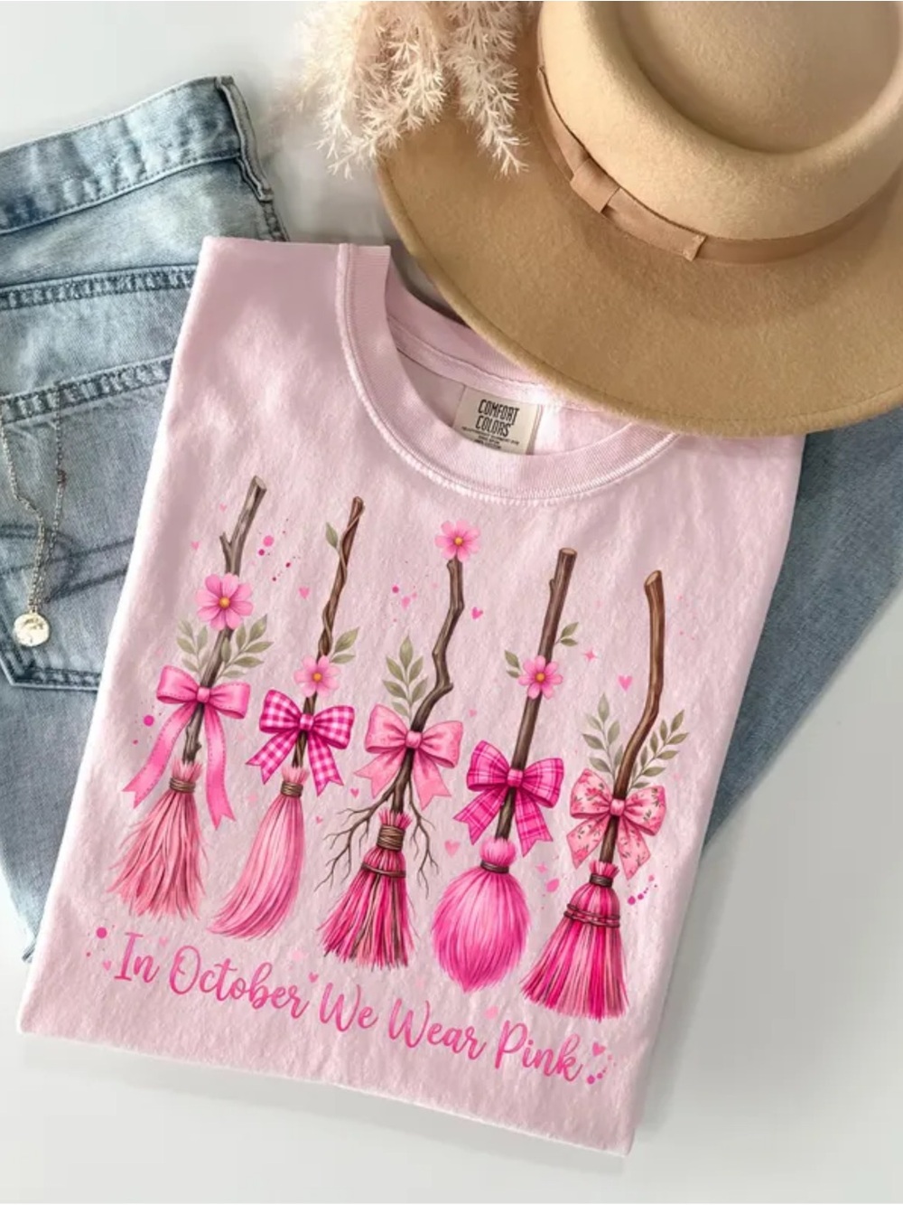 Comfort Colors Light Blossom Girls' Graphic Tee with Pink Broomstick Design